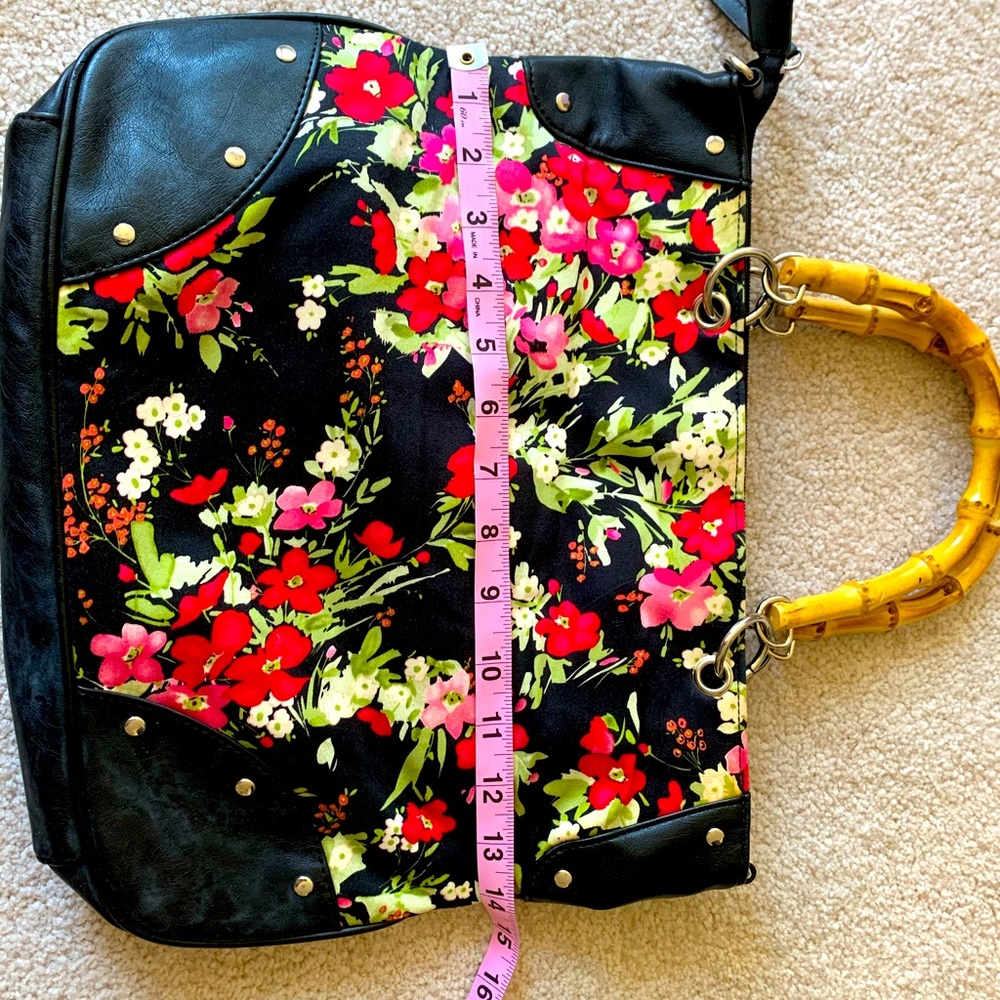 Floral fabric tote purse with faux leather details